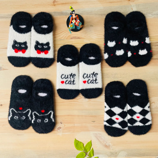 Cute Cat Fuzzy No-Show Socks (Pack of 5) | Lazzy Socks India