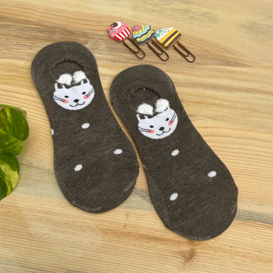 Cute Cat No-Show Socks – Brown Polka Dot Design  Lazzy Socks India