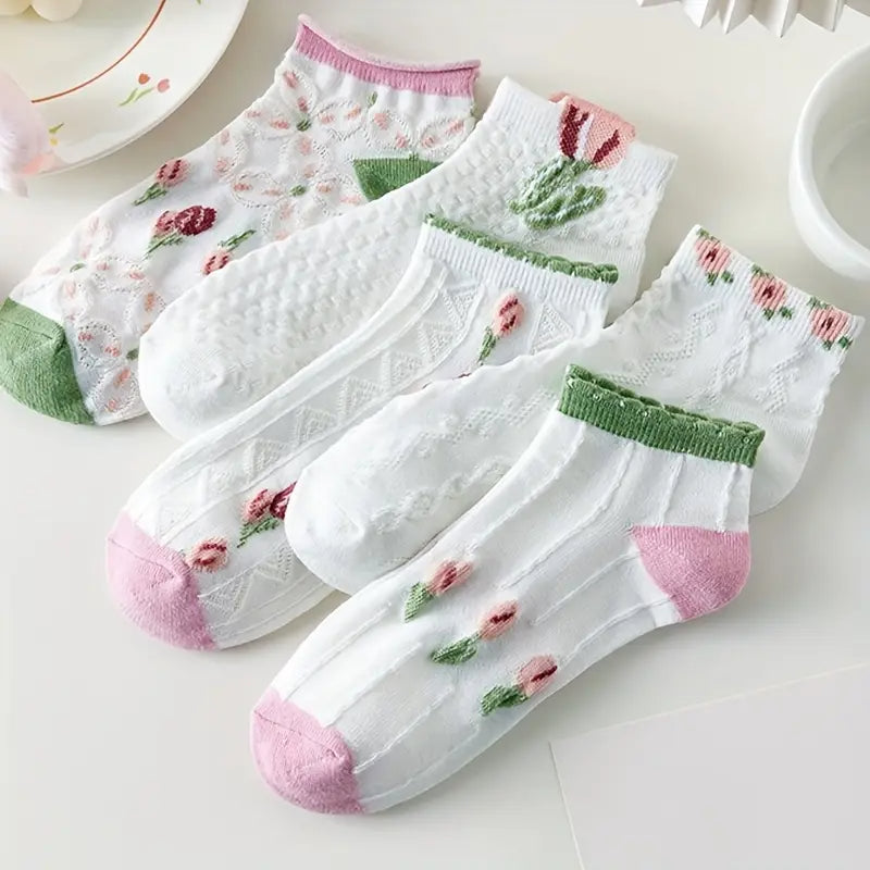 Delicate Tulip Bud & Frill Ankle Socks (Pack of 5) Lazzy Socks India