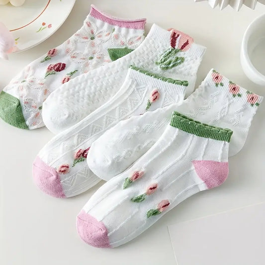 Delicate Tulip Bud & Frill Ankle Socks (Pack of 5)  Lazzy Socks India