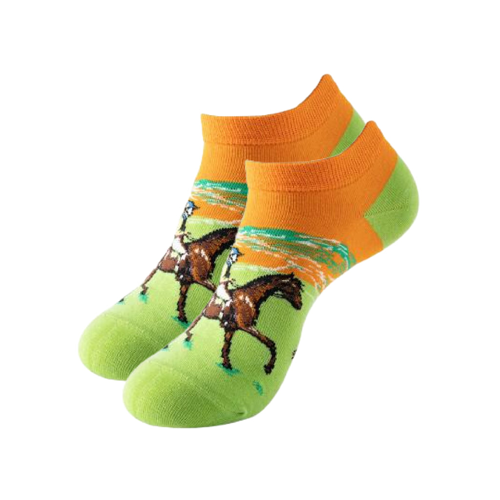 Colorful socks with horse design on a white background