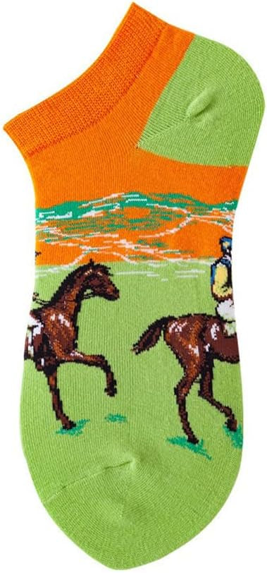 An orange and green sock with horse and jockey design on a white background