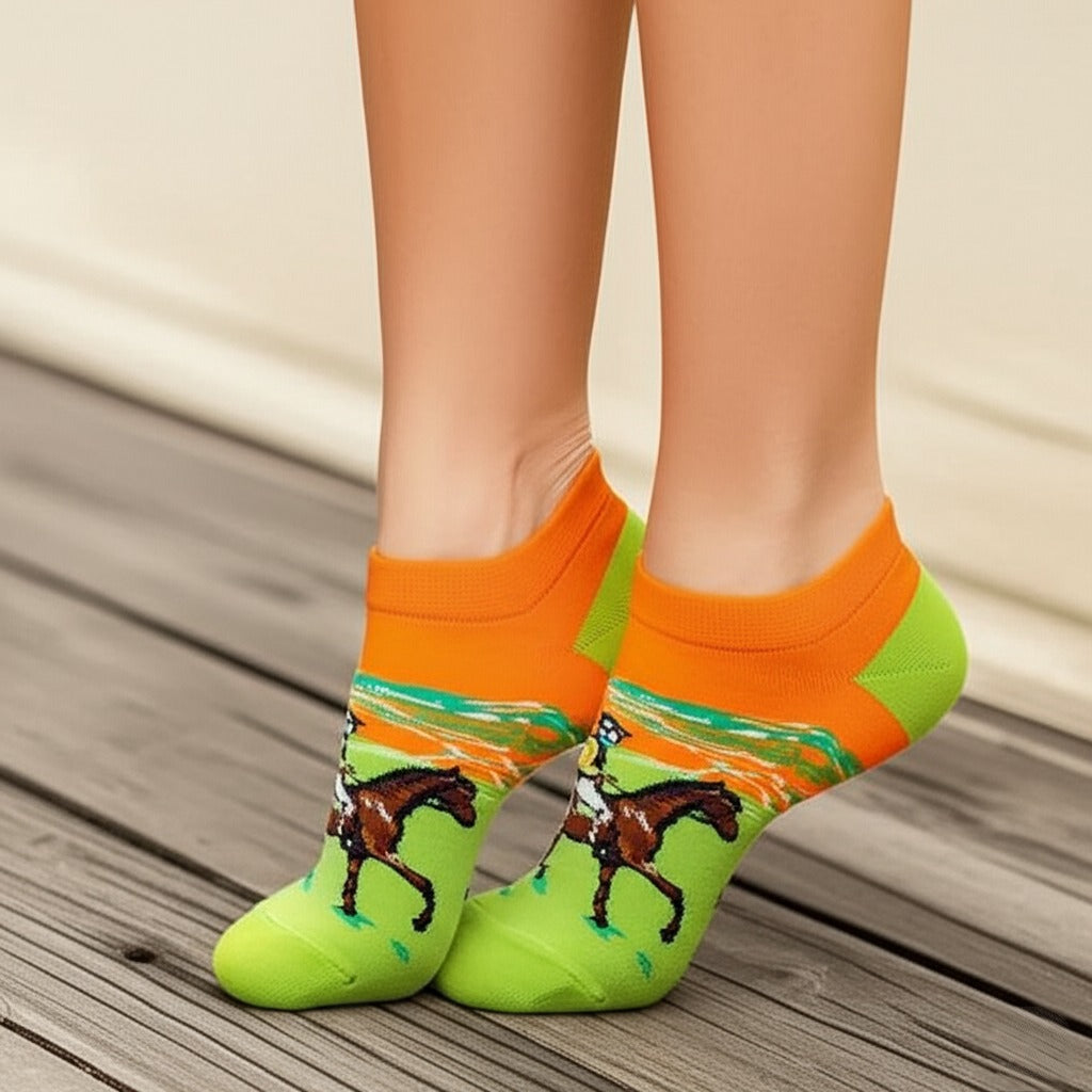 Green and orange socks with a horse racing design worn on a wooden floor