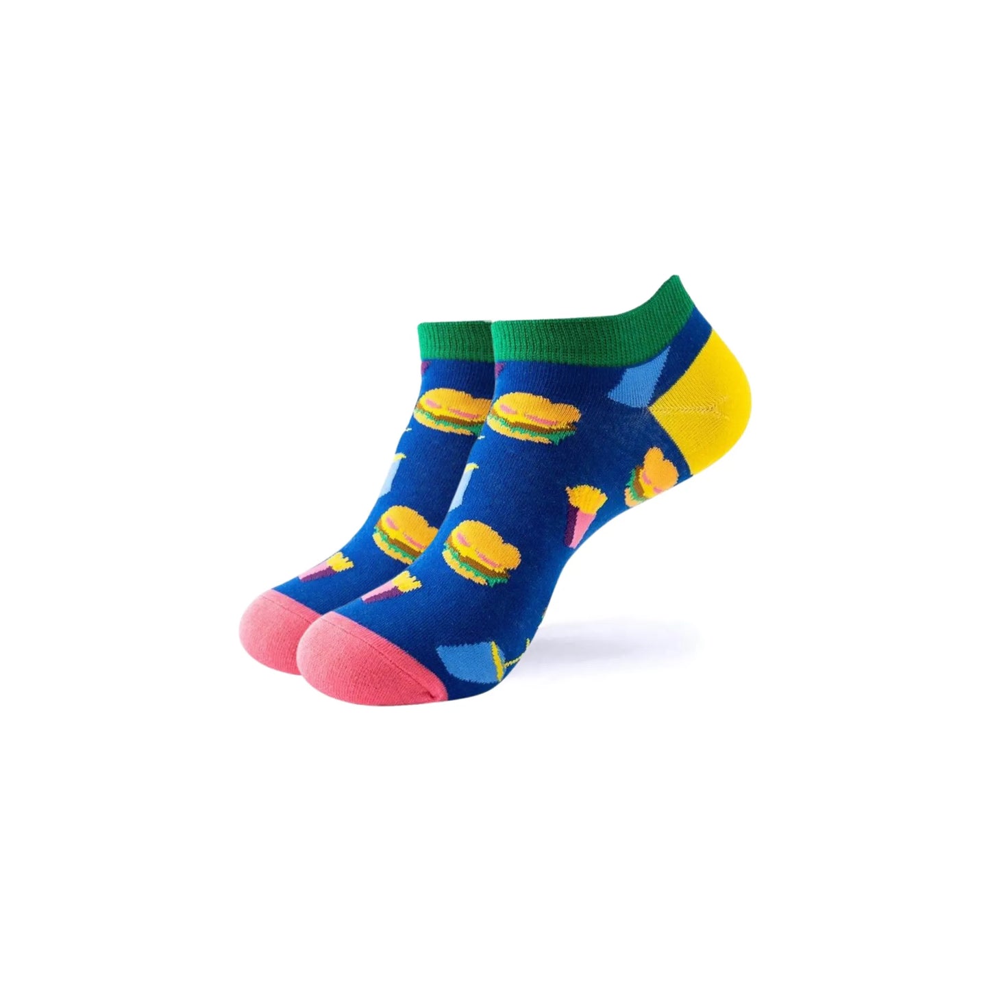 Pairs of colorful socks with burger and fries design on a white background