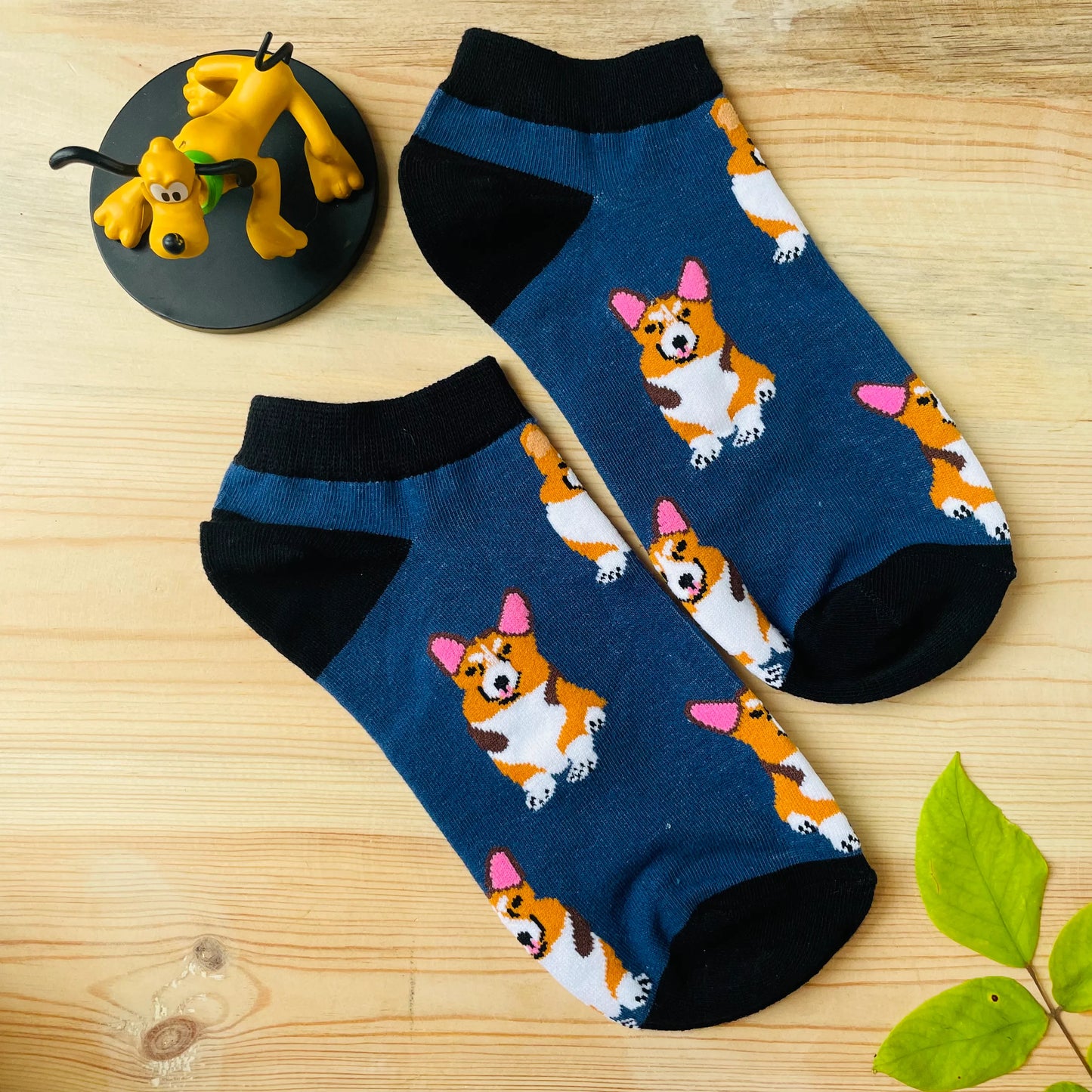 Happy Corgi Ankle Socks – Cute Blue Dog Print Lazzy Socks India