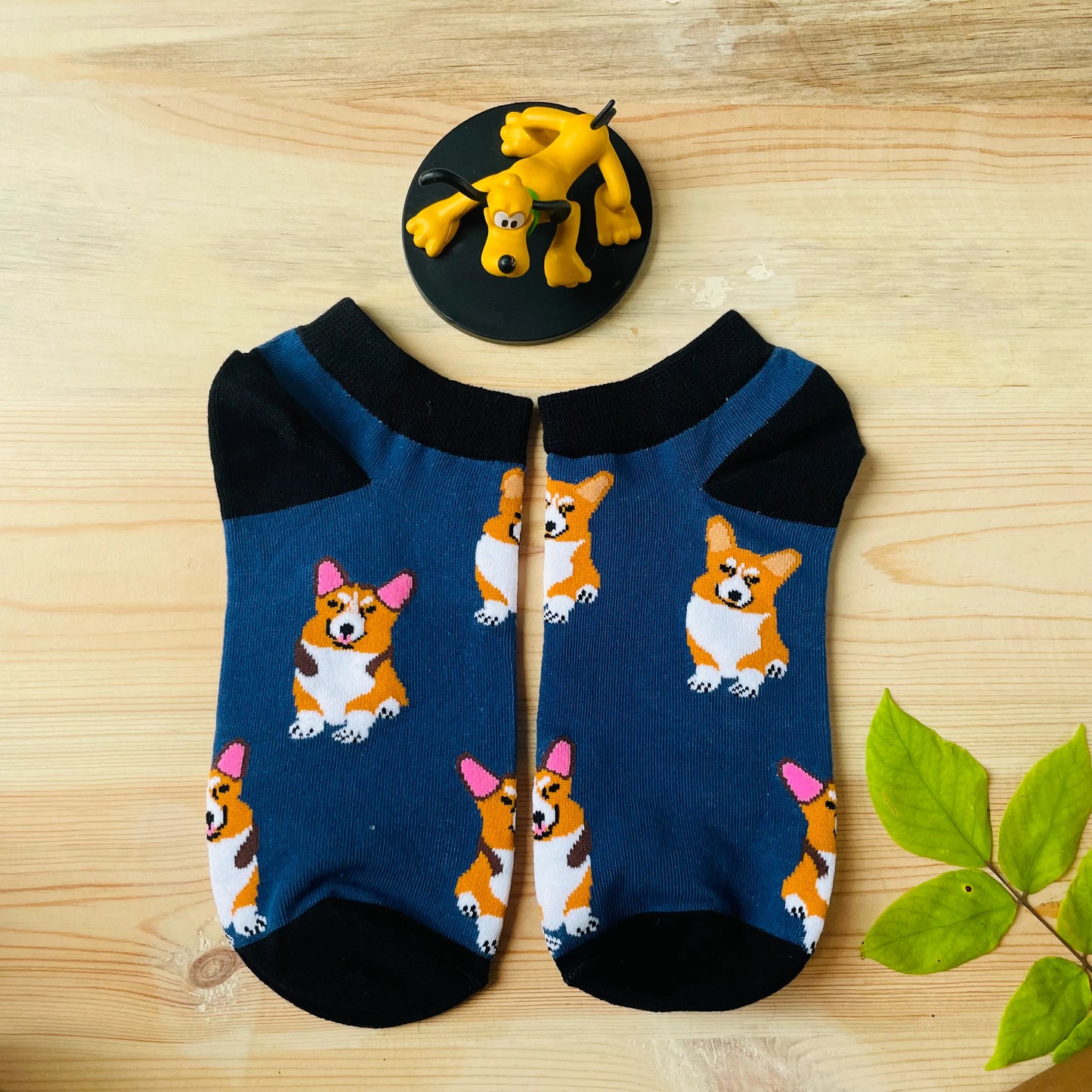 Happy Corgi Ankle Socks – Cute Blue Dog Print Lazzy Socks India