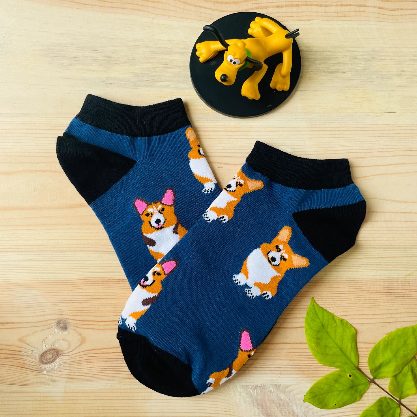 Happy Corgi Ankle Socks – Cute Blue Dog Print Lazzy Socks India