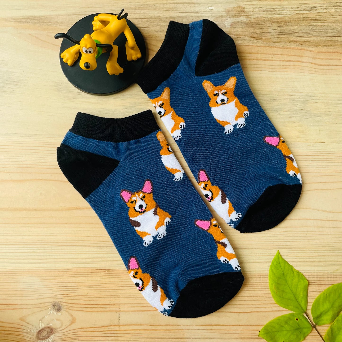Happy Corgi Ankle Socks – Cute Blue Dog Print Lazzy Socks India