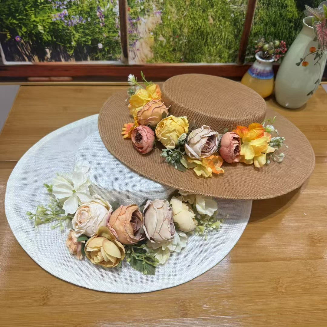 Vintage beige floral linen boater hat with handcrafted pastel flowers, ideal for garden parties, picnics, and sunny weddings