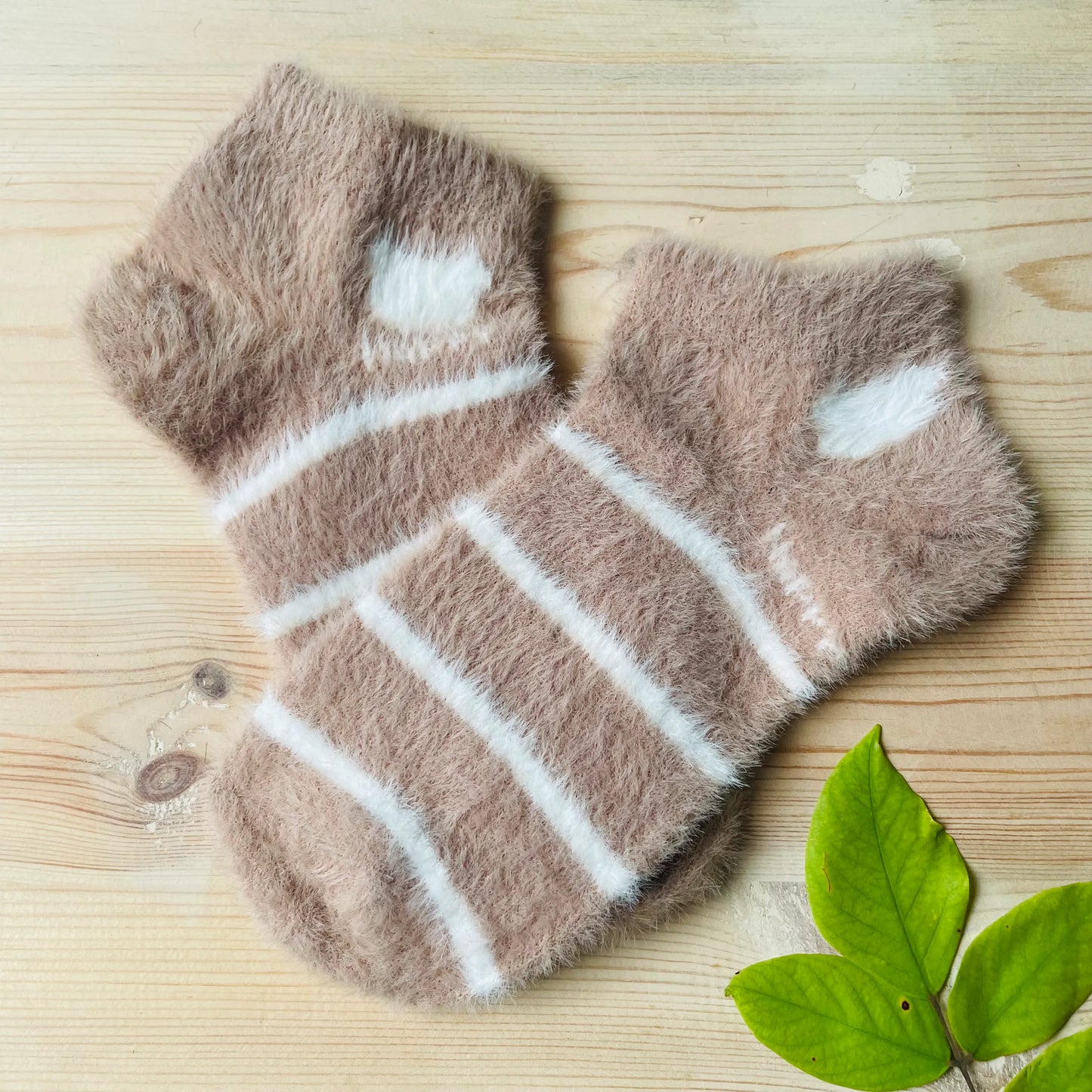 Warm and cozy beige and white striped fuzzy mink unisex ankle socks.