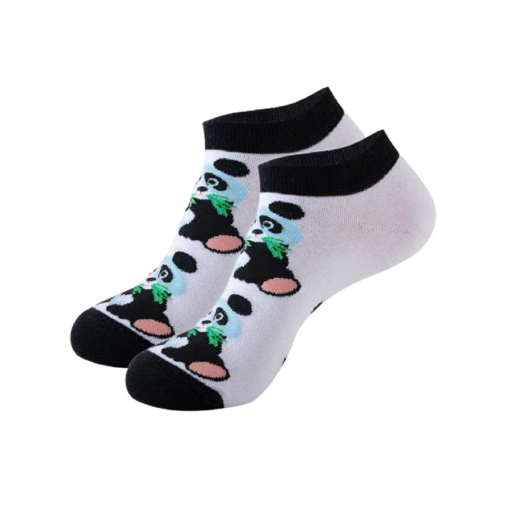 A pair of socks with cute panda design on a white background