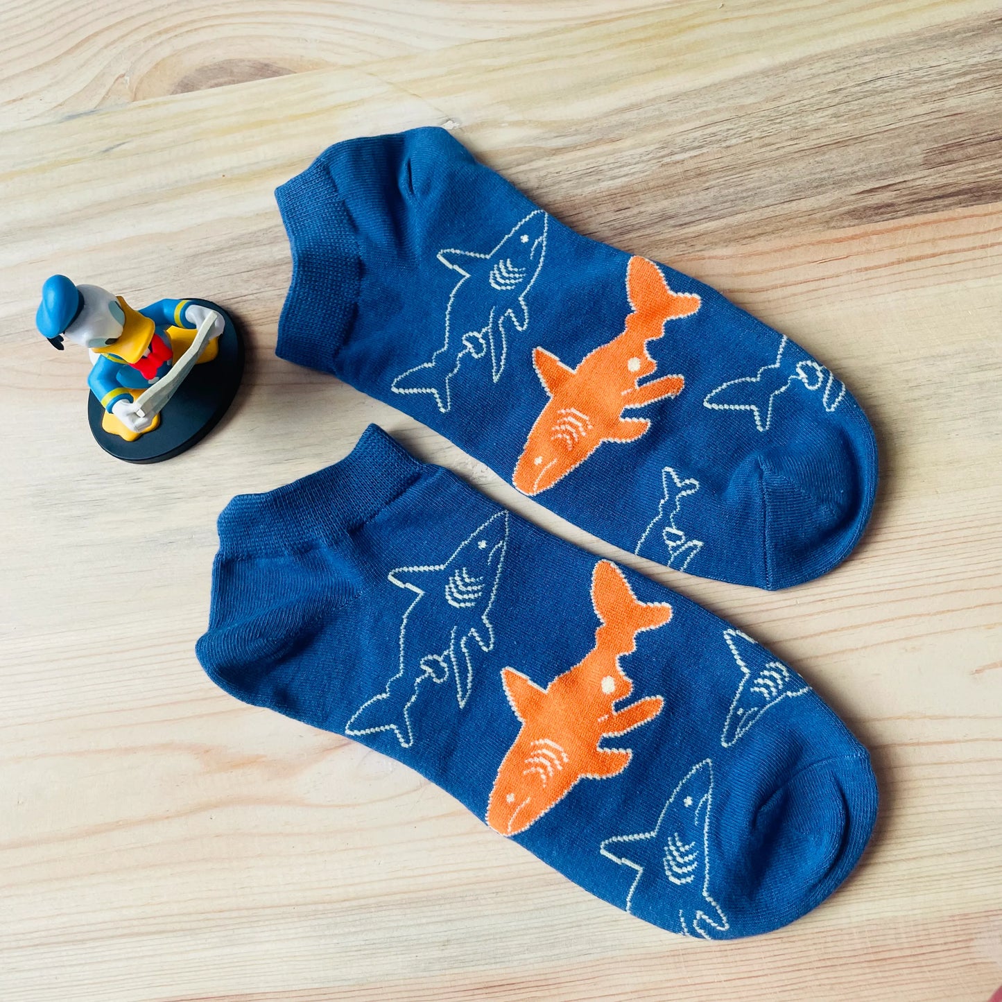 Shark Swarm Ankle Socks – Quirky Blue & Orange Design | Lazzy Socks India