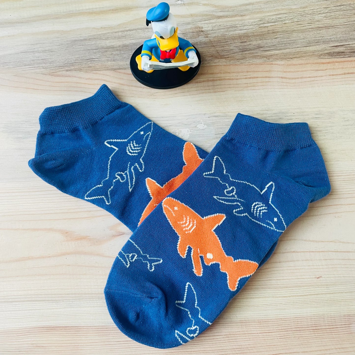 Shark Swarm Ankle Socks – Quirky Blue & Orange Design | Lazzy Socks India