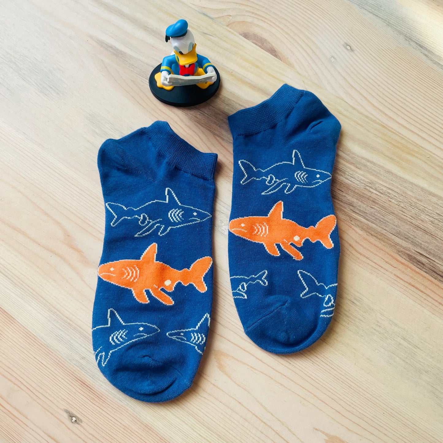 Shark Swarm Ankle Socks – Quirky Blue & Orange Design | Lazzy Socks India