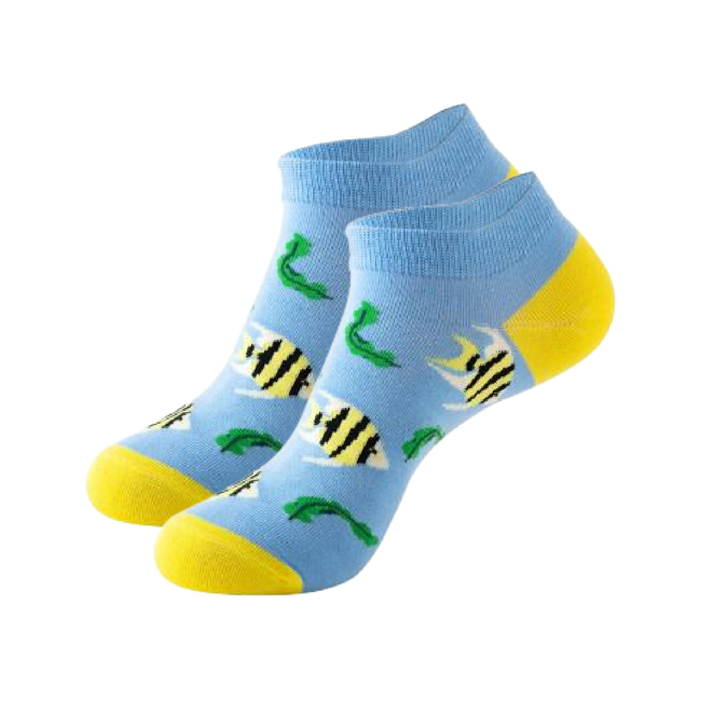 Light blue socks with yellow accents and fish designs on a white background