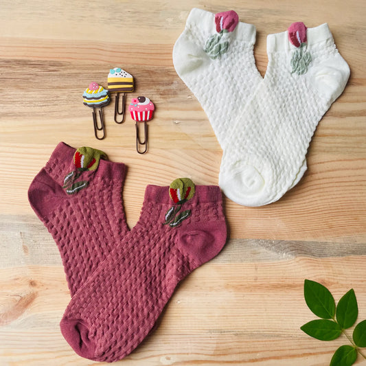 Tulip Bud Textured Ankle Socks (Pack of 2) | Lazzy Socks India