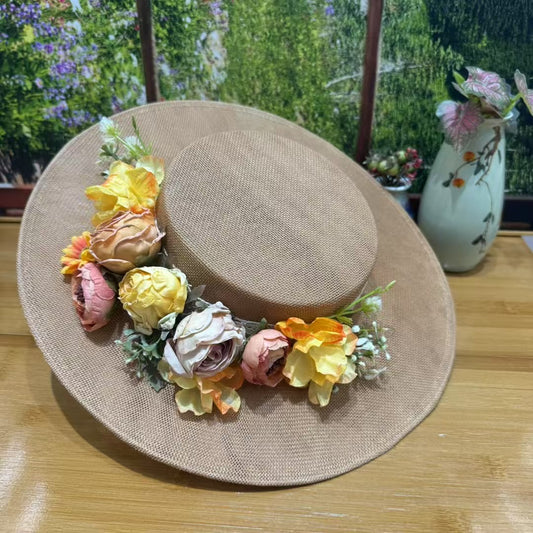 Vintage beige floral linen boater hat with handcrafted pastel flowers, ideal for garden parties, picnics, and sunny weddings