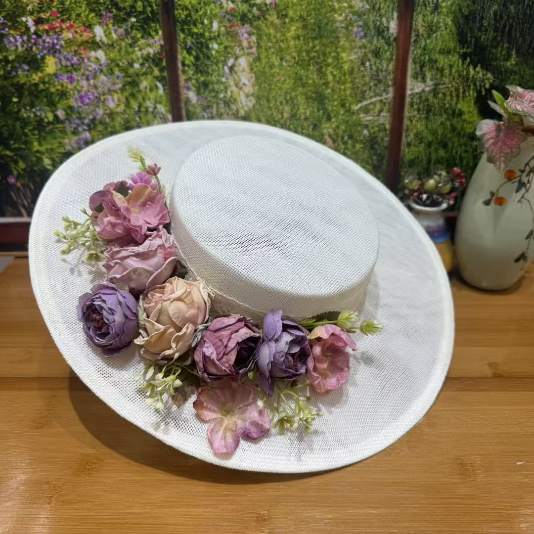 Vintage White Floral Boater Hat – Handmade Garden Party Sun Hat