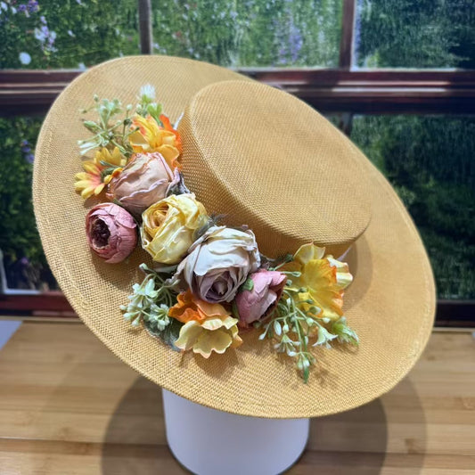 Vintage yellow floral linen boater hat with handcrafted yellow and peach roses, perfect for garden parties and sunny outdoor events