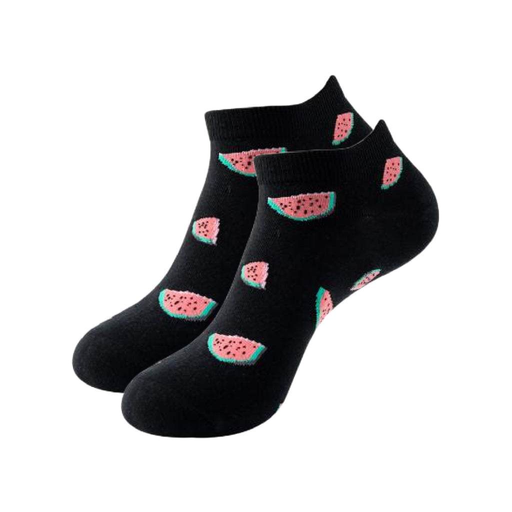 Black socks with watermelon pattern on a white background
