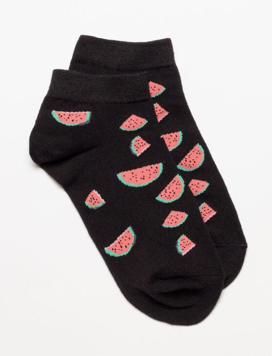 Black socks with watermelon pattern on a white background