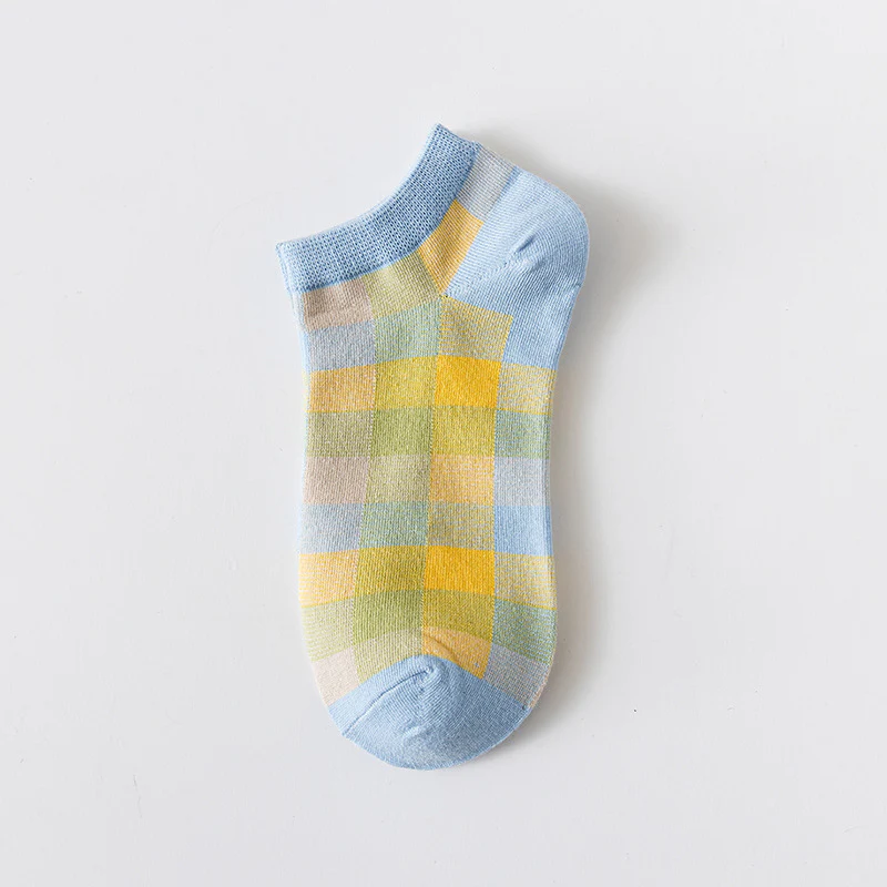 Add a Pop of Color with Pastel Checks Blue-Yellow Ankle Socks | Lazzy Socks