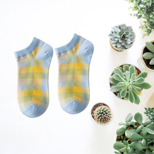 Add a Pop of Color with Pastel Checks Blue-Yellow Ankle Socks | Lazzy Socks