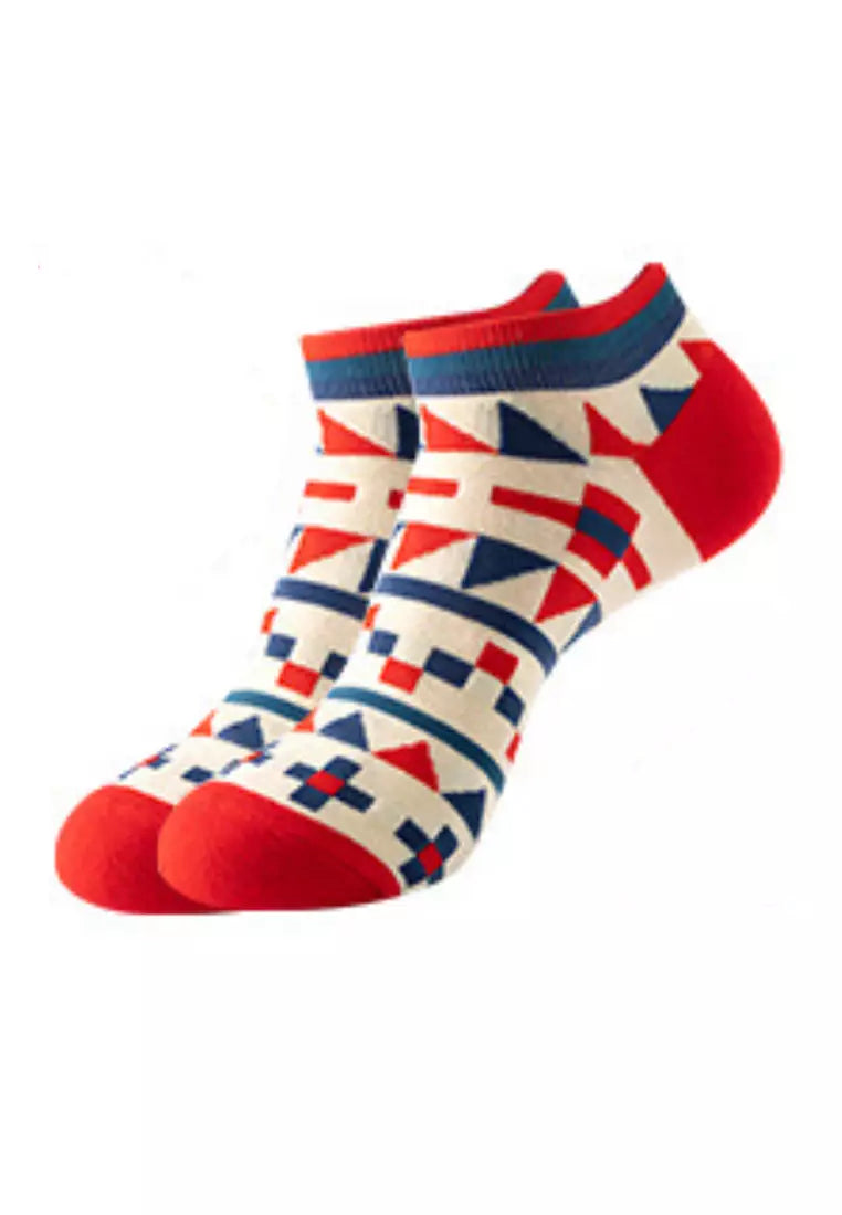 Colorful geometric-patterned socks on a white background