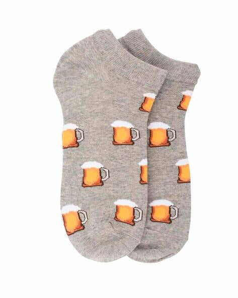 Gray socks with beer mug pattern on a white background