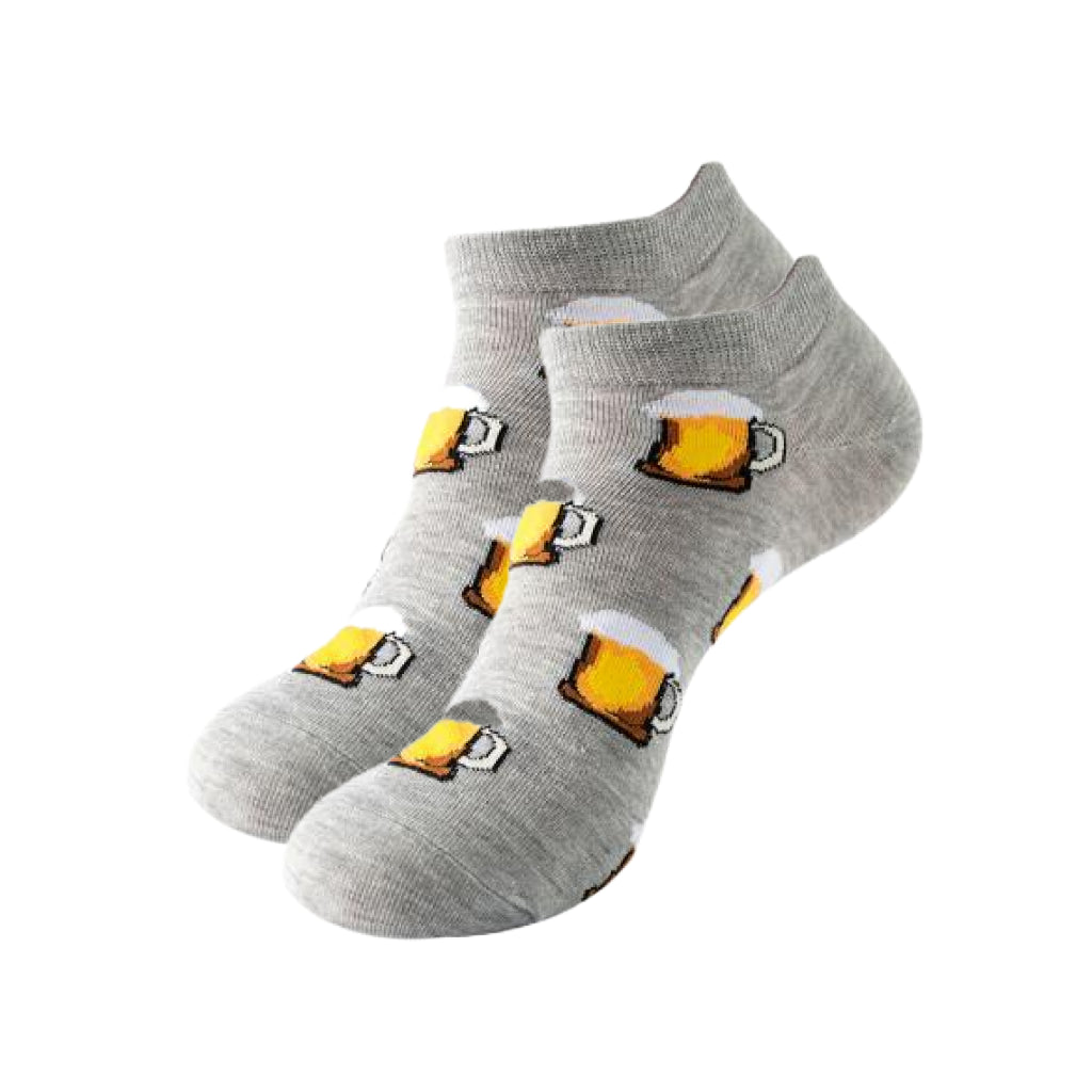 Gray socks with beer mug designs on a white background