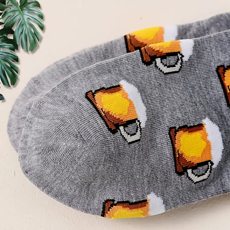 Gray socks with beer mug pattern on a light background
