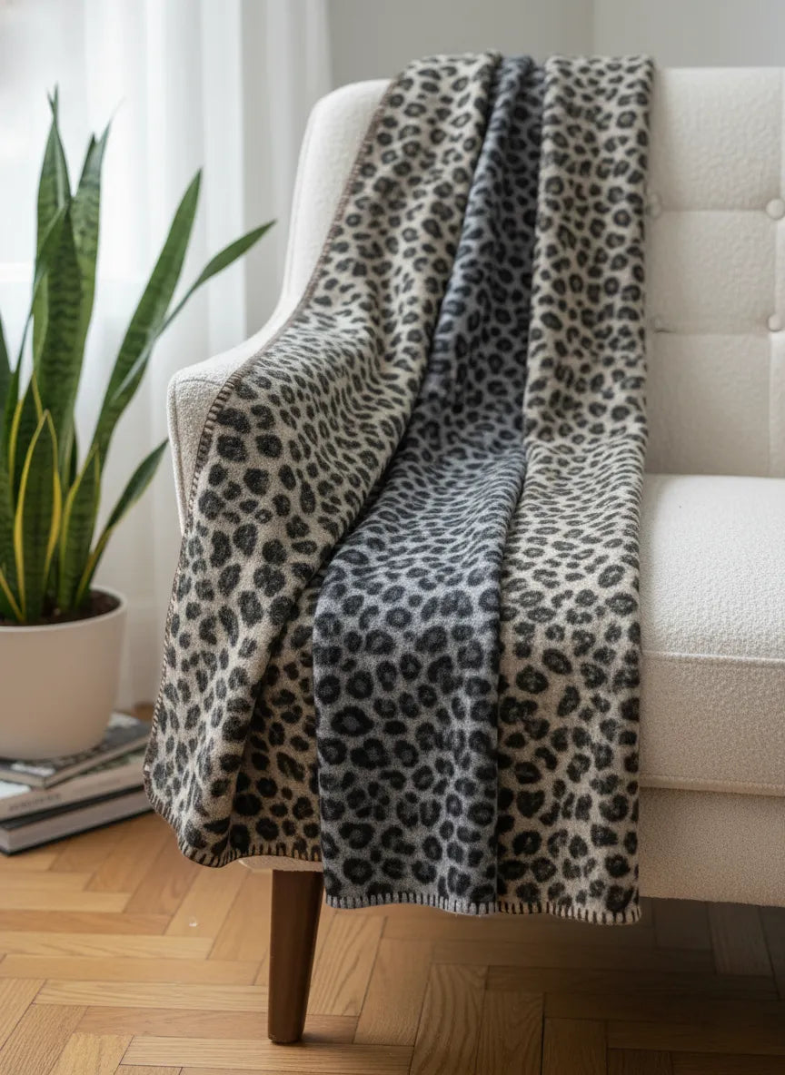 Cozy Leopard Print Scarf with Designer Stitch Edge – Beige, Grey & Brown – 50 x 180 cm