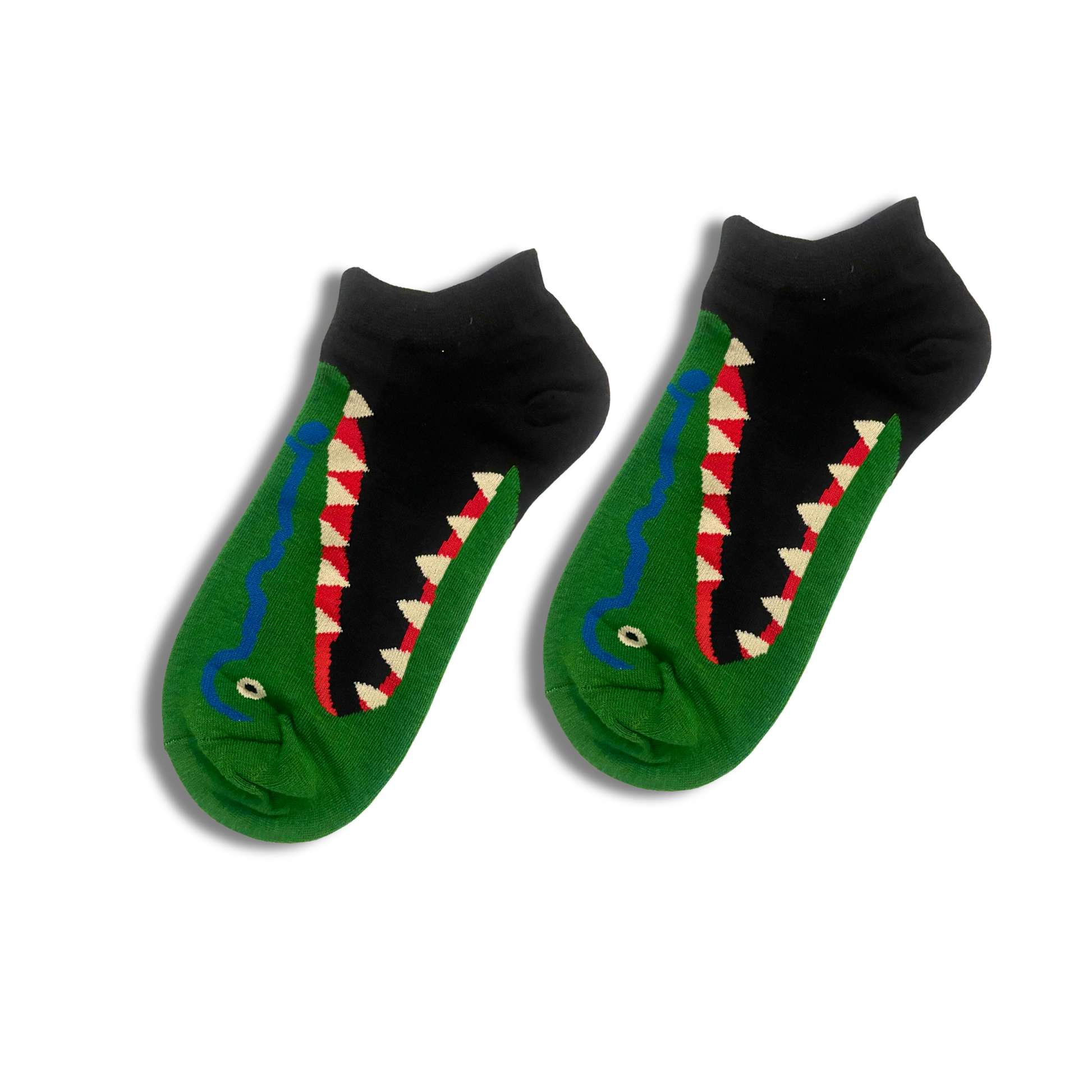 Funky Green socks with an alligator design on a white background