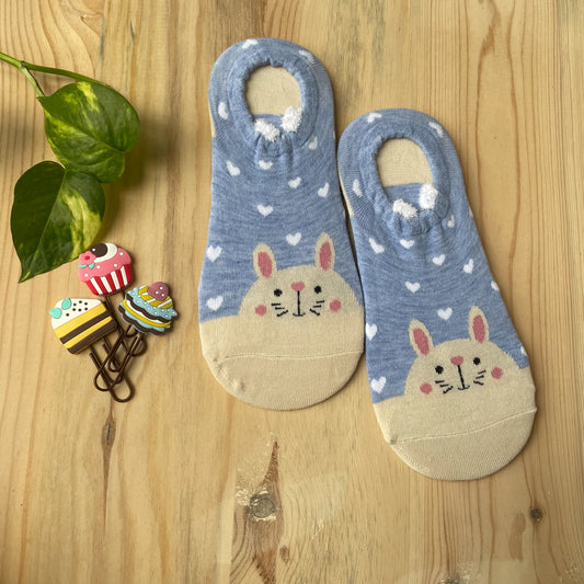 Cute Bunny No-Show Socks – Blue Heart Pattern  Lazzy Socks India