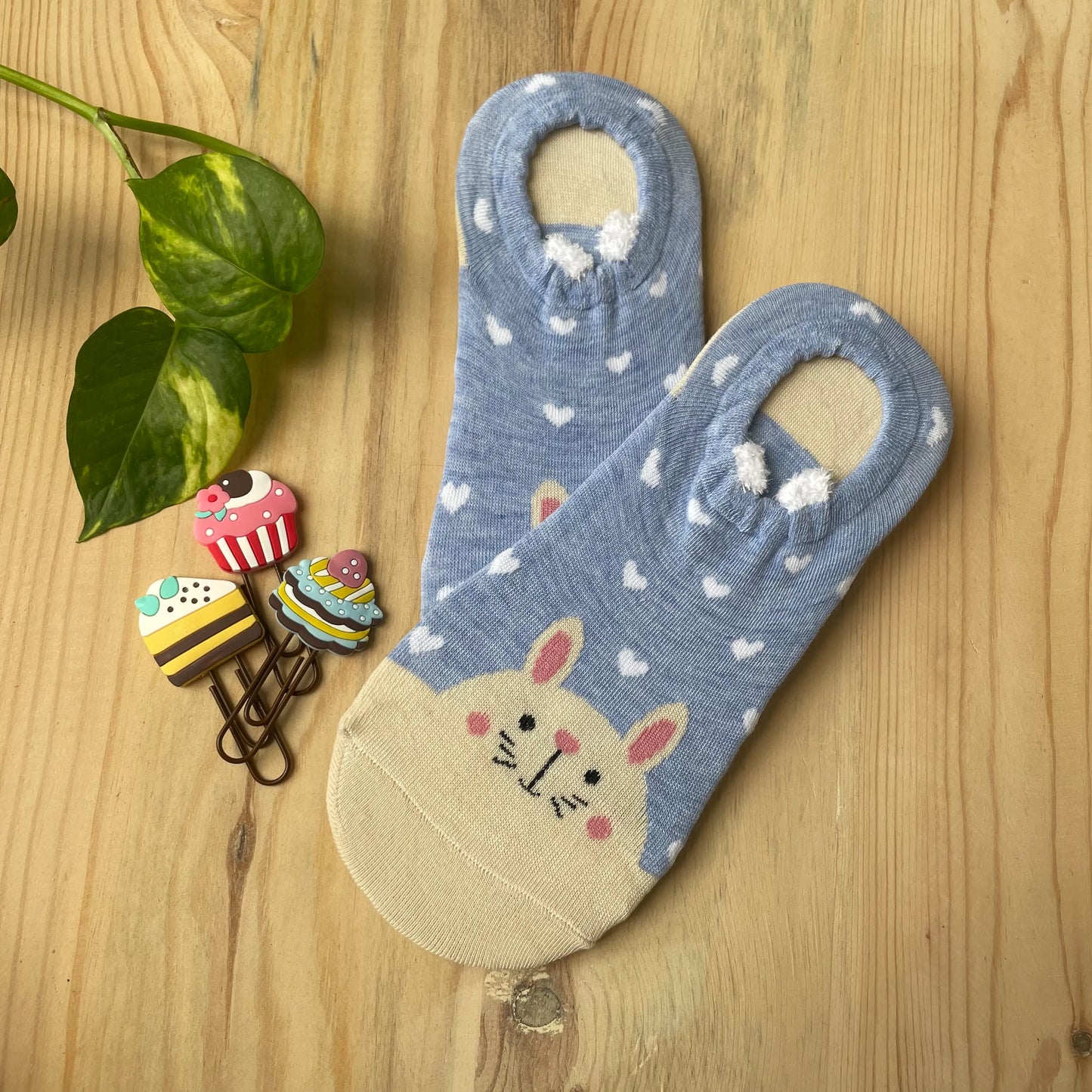 Cute Bunny No-Show Socks – Blue Heart Pattern  Lazzy Socks India