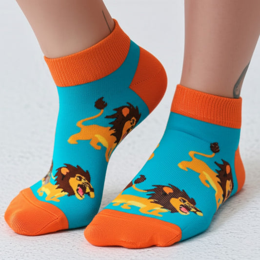 Colorful socks with lion designs on a white background