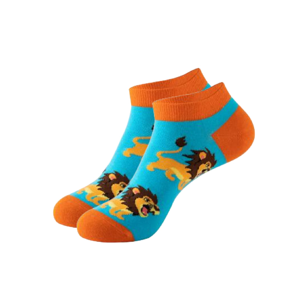 Pair of socks with lion design on a blue background