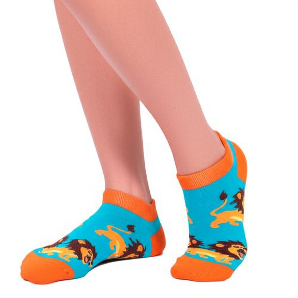 Colorful socks with lion design on a white background