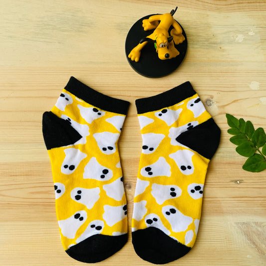 Goofy Ghosts Ankle Socks – Quirky Yellow & Black Design  Lazzy Socks India