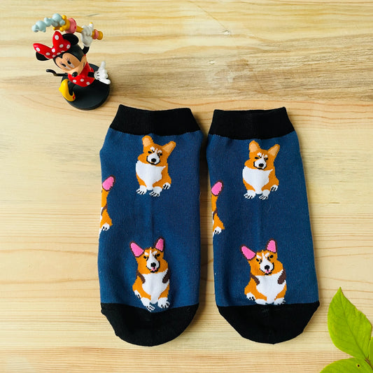 Happy Corgi Ankle Socks – Cute Blue Dog Print  Lazzy Socks India