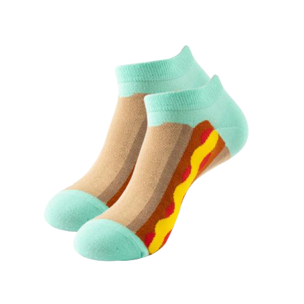 Colorful socks with a hot dog design on a white background