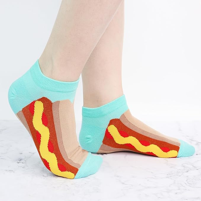 Colorful hot dog-themed ankle socks on a light background