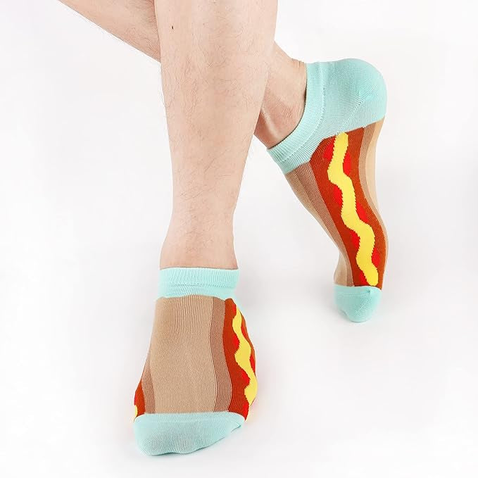 Colorful socks with a hot dog design on a white background