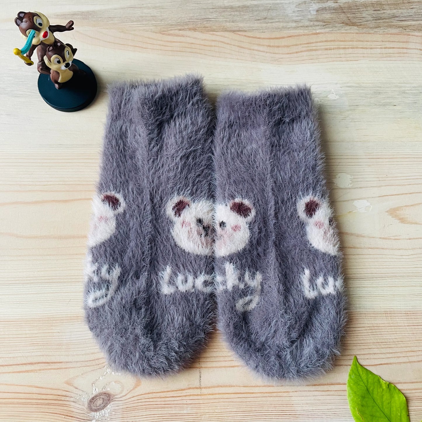 op view of the "Lucky" bear fuzzy mink unisex socks, available at Lazzysocks India.