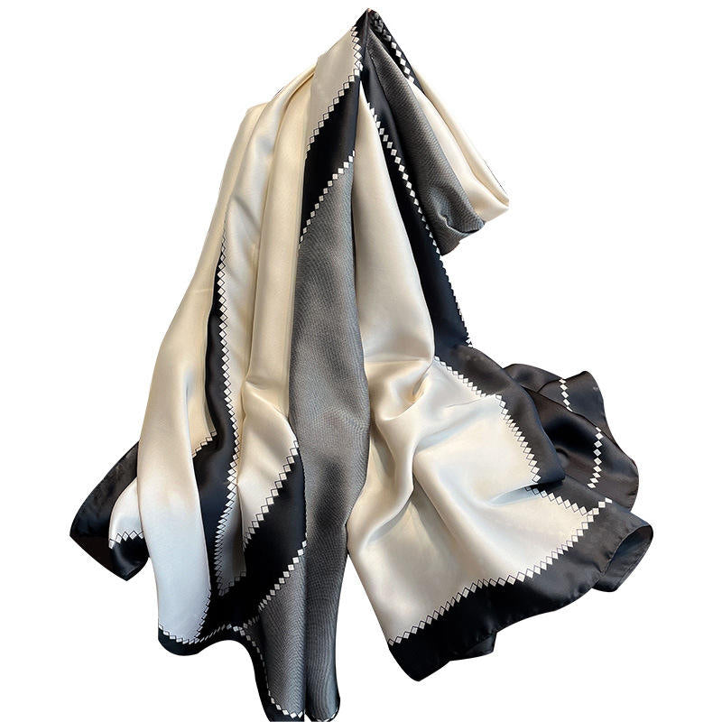 Luxury Black & Pearl-White Diamond Check Satin Scarf – 90 x 180 cm
