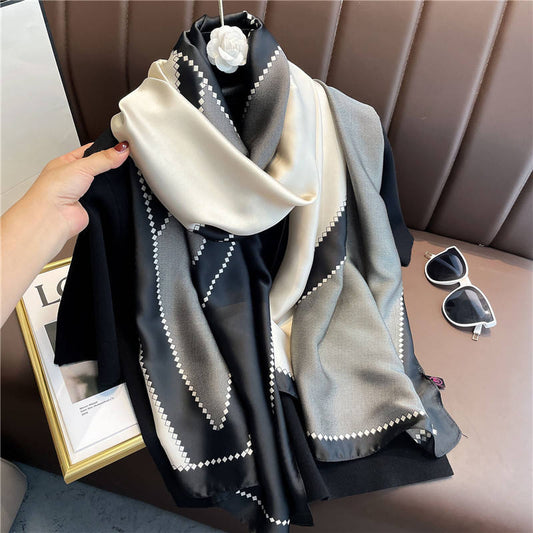 Luxury Black & Pearl-White Diamond Check Satin Scarf – 90 x 180 cm