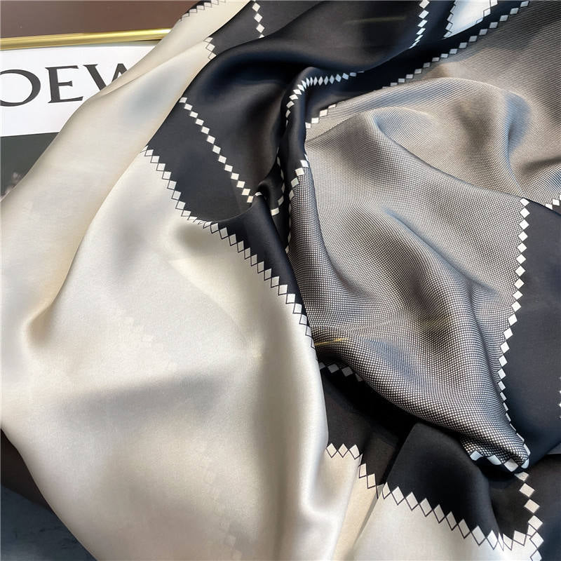 Luxury Black & Pearl-White Diamond Check Satin Scarf – 90 x 180 cm