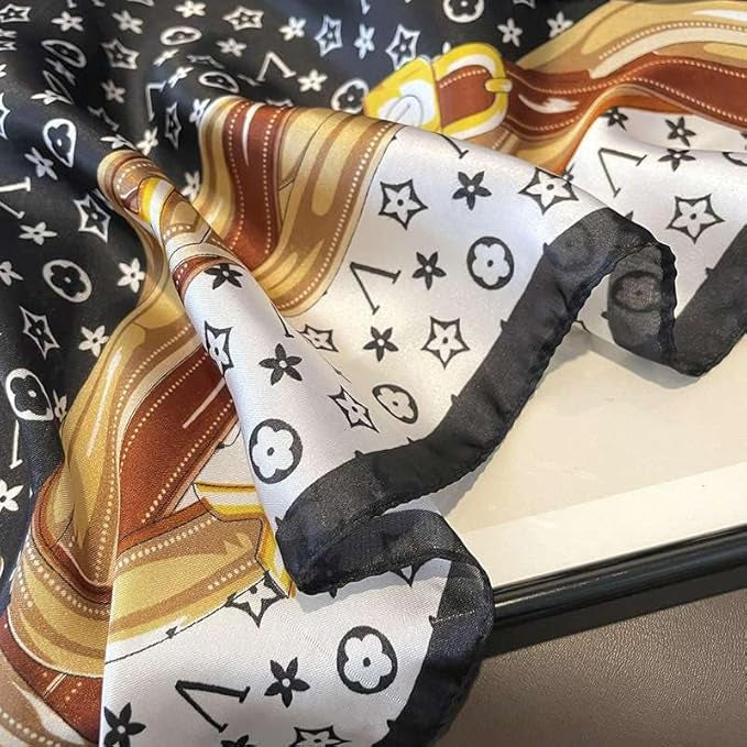 Luxury Black, White & Gold Silk-Feel Satin Scarf – Emblem Design 90 x 180
