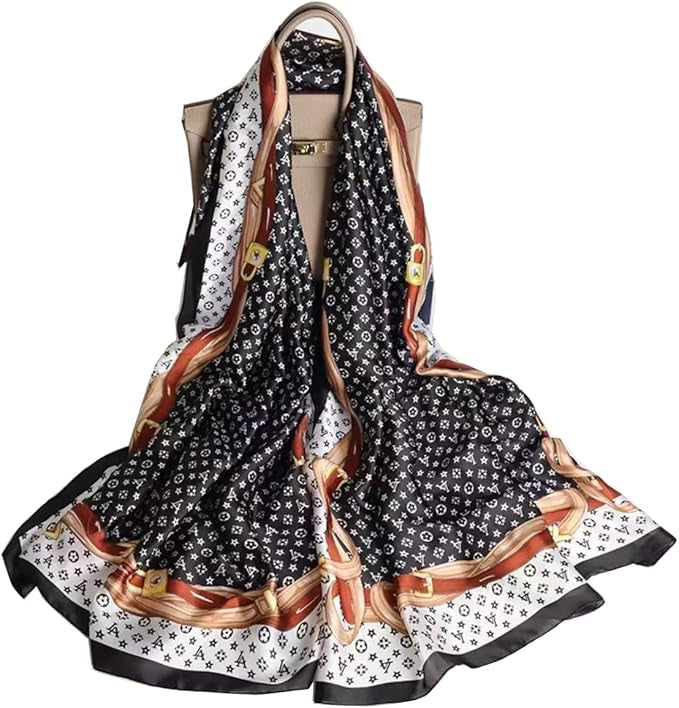 Luxury Black, White & Gold Silk-Feel Satin Scarf – Emblem Design 90 x 180
