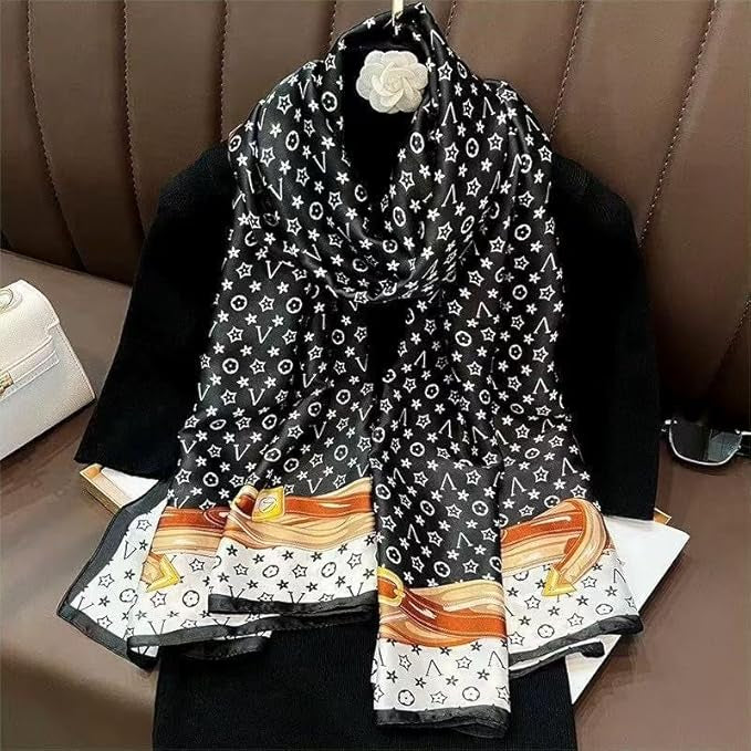Luxury Black, White & Gold Silk-Feel Satin Scarf – Emblem Design 90 x 180
